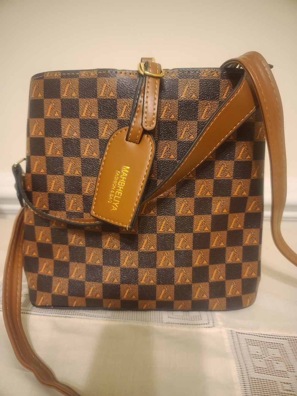 Brown Checkered Crossbody Bag